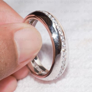 Round Cut Moissanite Channel Set Men&#39;s Band Ring, Moissanite Men&#39;s Wedding Band Ring, 14K White Gold Plated Band Ring, Men&#39;s Eternity Band