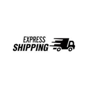 May include: Black and white graphic of a truck with speed lines, and the words "EXPRESS SHIPPING" in a bold font. The truck is depicted in profile, with a stylized design.