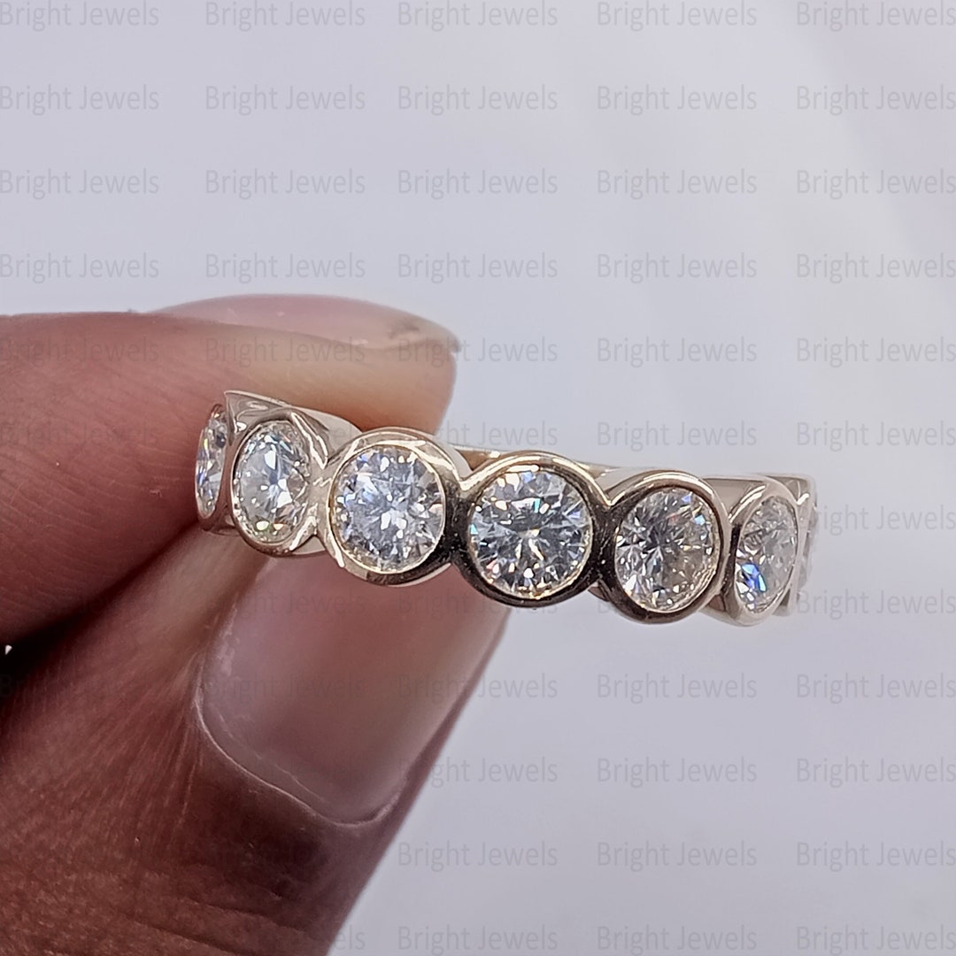 Moissanite Wedding Band: 14K Yellow Gold Half Eternity Bezel Ring - Etsy