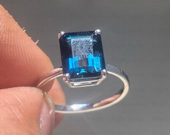 10x8mm Emerald Cut London Blue Topaz Solitaire Ring, London Blue Topaz Engagement Ring, November Birthstone, 14k White Solid Gold