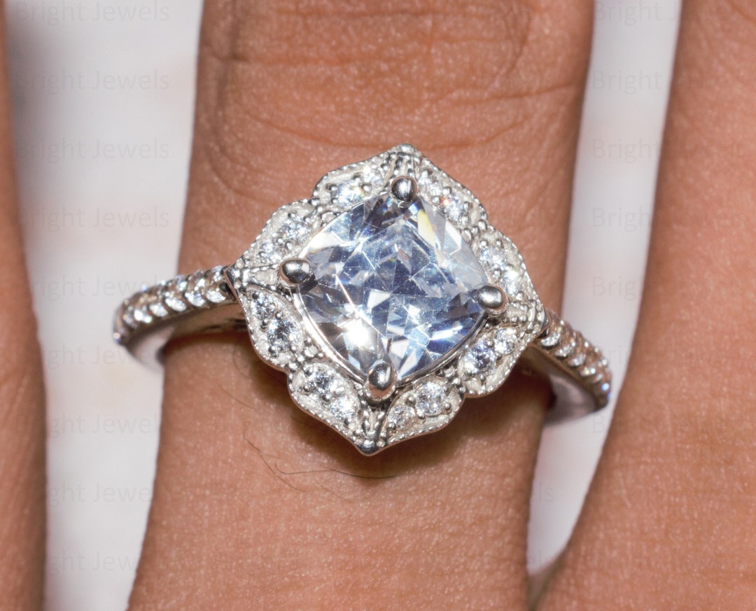 Bague De Fiançailles Halo Diamant Simulé 2.43ct Taille Coussin - Argent 925 - Taille 7