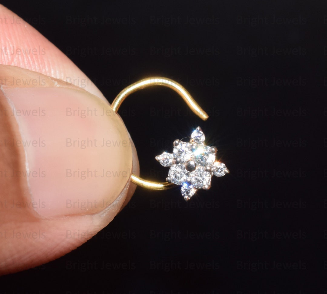 14K Gold Flower Nose Pin: Moissanite or Diamond Solitaire - Etsy