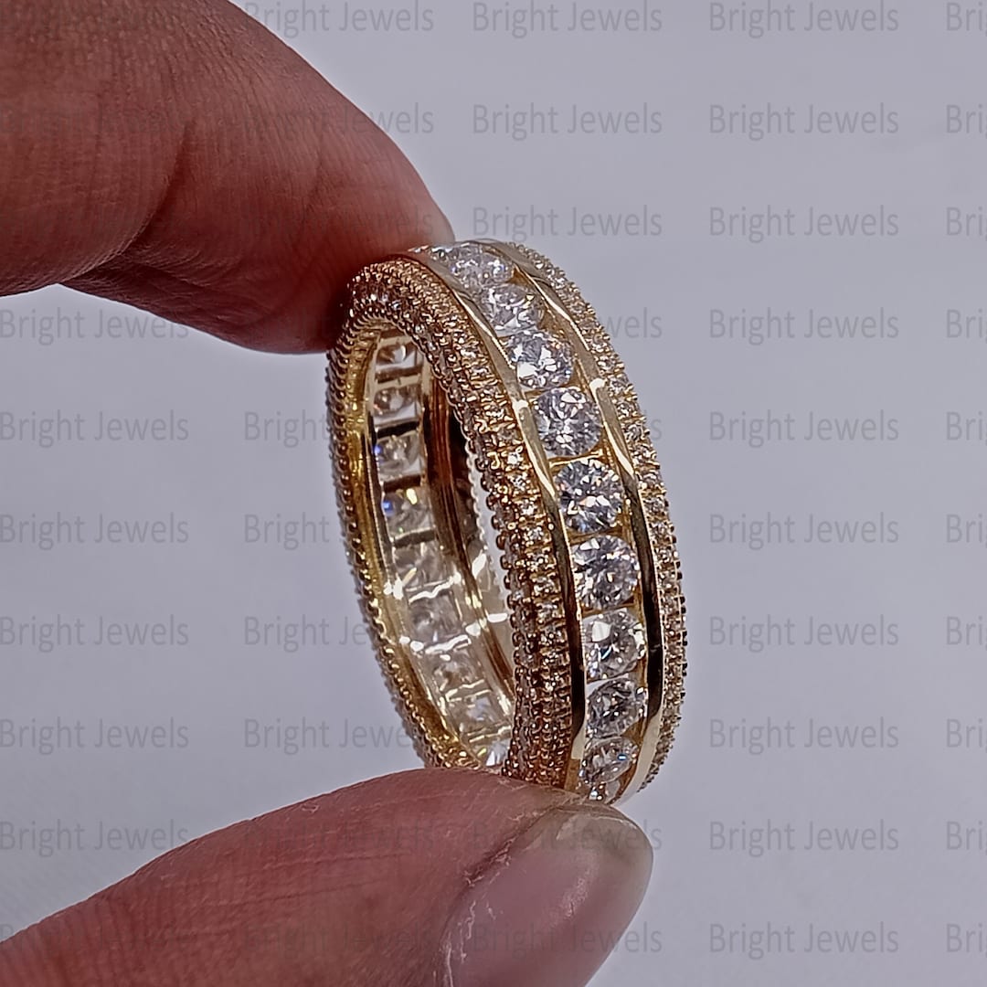 Round Cut Moissanite Men's Band Ring: 14K Yellow Gold Full Eternity - Etsy
