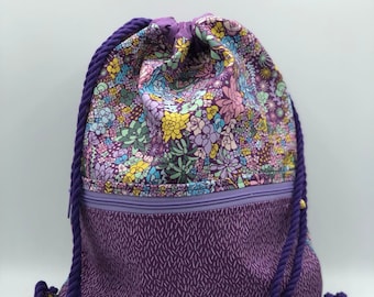 Floral Cotton Drawstring Backpack: Cinch Bag with Zipper Pocket