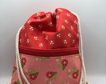 Floral Cotton Drawstring Backpack: Cinch Bag with Zipper Pocket