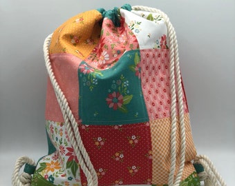 Patchwork Cotton Drawstring Backpack: Cinch Bag with Inside Pocket