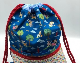 Kids Cotton Drawstring Backpack: Doggie Print Cinch Bag