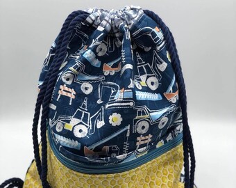 Kids Cotton Drawstring Backpack: Trucks & Diggers Print