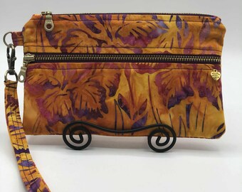 Batik Two-Pocket Wristlet: Cotton iPhone Wallet Purse with detachable strap