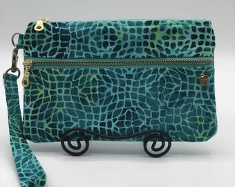 Batik Two-Pocket Wristlet: Cotton iPhone Wallet Purse with detachable strap