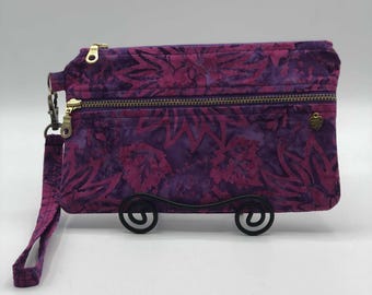 Batik Two-Pocket Wristlet: Cotton iPhone Wallet Purse with detachable strap