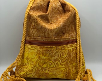 Batik Cotton Drawstring Backpack: Outside Zipper Pocket Cinch Bag