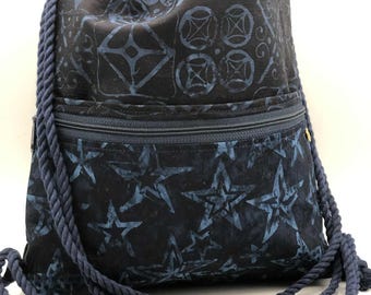 Batik Cotton Drawstring Backpack: Zipper Pocket Cinch Bag