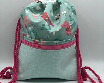 Mermaid Cotton Drawstring Backpack: Kids Cinch Bag