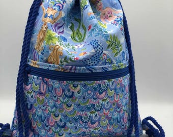 Mermaid Cotton Drawstring Backpack: Kids Cinch Bag