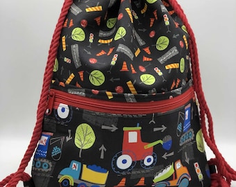 Kids Cotton Drawstring Backpack: Trucks & Diggers Print