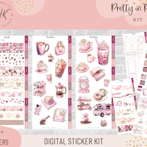 May include: A digital sticker kit with a pink theme, featuring coffee and cafe-related illustrations. The kit includes decorative washi tape, stickers, and the text "Pretty in Pink" and "Digital Sticker Kit". The kit contains over 600 stickers.