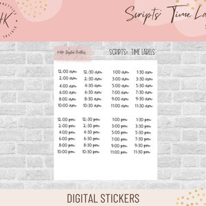 May include: A white sheet with black text listing time labels from 12:00 am to 11:30 pm. The sheet is labeled "Scripts: Time Labels" and includes the text "Digital Stickers". The background is a light pink and white brick pattern.