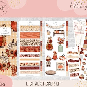 Könnte beinhalten: Ein digitales Sticker-Set mit Herbstthema. Das Set enthält Aufkleber mit Kürbissen, Sonnenblumen, Zwergen und Leopardenmustern. Der Text auf dem Set lautet "Fall Leopard Kit 39" und "Digital Sticker Kit".
