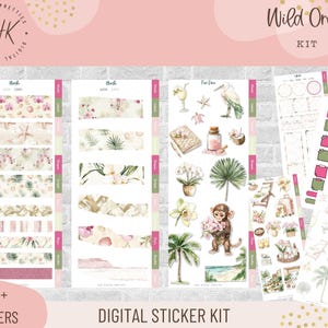 以下が含まれることがあります： ワイルドオーキッドをテーマにしたデジタルステッカーキット。キットには、花柄、ビーチ、トロピカルなデザインのさまざまなステッカーが含まれています。カラーパレットはピンク、グリーン、ベージュトーンが特徴です。「600+ Stickers」と「Digital Sticker Kit」の文字が見えます。