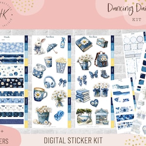 May include: A digital sticker kit with a daisy theme. The kit includes various stickers with blue and white watercolor designs, including daisies, books, and butterflies. The text "Dancing Daisies" and "Digital Sticker Kit" are visible.