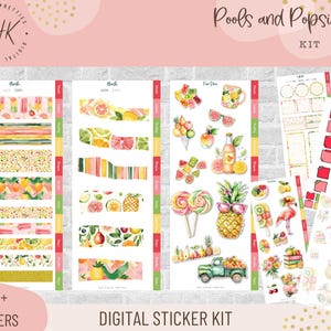 以下が含まれることがあります： 夏のテーマのデジタルステッカーキット。アイスキャンディー、フルーツ、トロピカルな要素のカラフルなイラストが特徴です。装飾的なボーダーと個々のステッカーが付いたさまざまなステッカーシートが含まれています。「Pools and Popsicles」のテキストが表示されます。