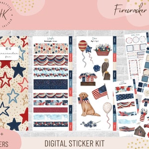 May include: Digital sticker kit with over 600 stickers featuring a red, white, and blue patriotic theme. The kit includes stars, stripes, banners, and other festive designs. The text "Firecracker Fun Kit 47" is displayed on the image.
