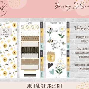 May include: A digital sticker kit with a bee theme. The kit includes 12 pages of digital stickers, a fully linked split screen sticker book for Goodnotes, and precropped individual PNG images. The kit features a bee and honeycomb pattern, a jar of honey, and the text "Buzzing Into Summer".
