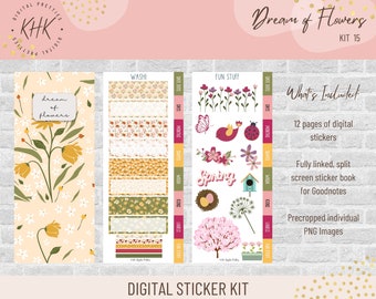May include: A digital sticker kit with a floral theme. The kit includes a long, vertical design with yellow flowers and the words "dream of flowers." Other elements include washi tape, fun spring-themed graphics, and text that reads "What's Included."