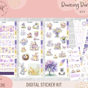 Puede incluir: Un kit de pegatinas digitales con temática de Pascua en colores pastel. El kit incluye pegatinas con conejitos, huevos, flores y el texto "Happy Easter". El kit también incluye washi tape y pegatinas para planificador. El texto "600+ STICKERS" es visible.