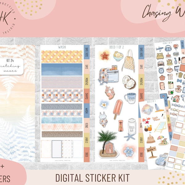 Kit 34 Catching Waves | Digital Stickers | Functional Stickers for Digital Planning