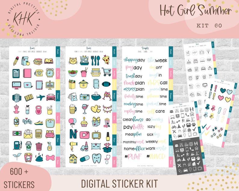 Kit 60 Hot Girl Summer | Digital Stickers | Functional Stickers for ...