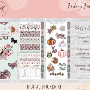 May include: Digital sticker kit with an autumn theme. The kit includes 12 pages of digital stickers, a fully linked split screen sticker book for Goodnotes, and precropped individual PNG images. The stickers feature pumpkins, owls, butterflies, and autumn-themed text.