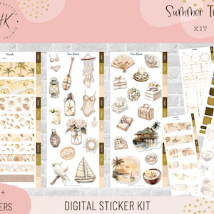 May include: A digital sticker kit with a beach theme. The kit includes stickers with images of palm trees, seashells, and beach scenes. The text "Summer Tree's" and "Digital Sticker Kit" are visible. The kit contains over 600 stickers.