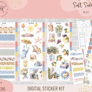 May include: A digital sticker kit titled Soft Summer Kit 72 featuring over 600 stickers. The collection includes various watercolor illustrations of summer themes like citrus fruits, beach gear, travel items, food, and patterned washi tape strips.