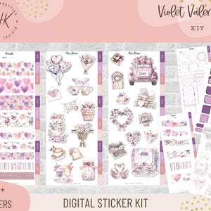 May include: A digital sticker kit titled "Violet Valentine" with over 600 stickers. The stickers feature watercolor illustrations of hearts, flowers, teacups, and vintage cars in shades of purple, pink, and white. The kit includes decorative washi tape.