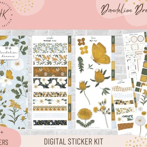 May include: Digital sticker kit with over 600 stickers featuring a dandelion theme. The kit includes a variety of designs, including flowers, butterflies, and geometric patterns in shades of yellow, green, and white. The kit is labeled "Dandelion Dreams" and "Kit 43".