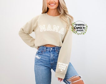 Custom Mama Sweatshirt, Kid Name on Sleeve, Personalized Mom Sweatshirt, Minimalist Momma Sweater, Gift for Mom, Gift for Her, Mama Crewneck