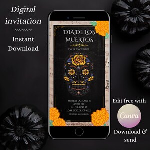 Invitación editable del día de los muertos invitación de fiesta de disfraces de halloween plantilla de canva digital día de la fiesta muerta evitar