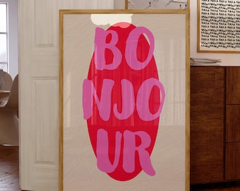 Bonjour Print, French Typography Wall Art, Retro Cute Aesthetic Decor, Trendy Room Printable, Bonjour Poster