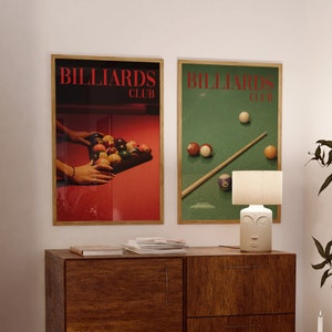 Billiards Club Prints, Set of 2 Prints, Trendy Wall Art, Billiard Poster, 70&#39;s Retro Art Prints, Club Print, Aesthetic Billiards Decor