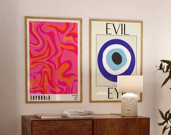 Set of 2 Retro Aura Print, Wavy Gradient Print, Evil Eye Print, Preppy Vibes, Retro Art Prints, 70's, Colour Gradient Wave Print