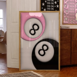 8 Ball Couple Print, Pink Retro Poster, Y2K Preppy Wall Art, Trippy Psychedelic Decor, College Dorm Printable Art