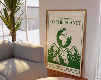 Be Kind To The Planet Print, Retro Quote Wall Art, Retro Flowers Wall Decor Trendy Vintage Print Green Retro Poster Dorm Room Decor