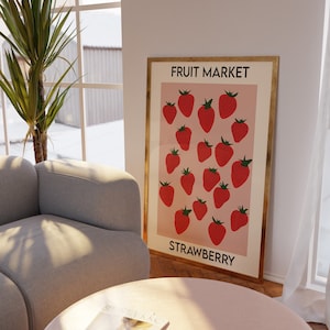 Obstdruck, Obstmarktdruck, Erdbeerdruck, Buntes Küchendekor, Retro-Obstdruck, Vintage-Food-Poster, Küchendekor