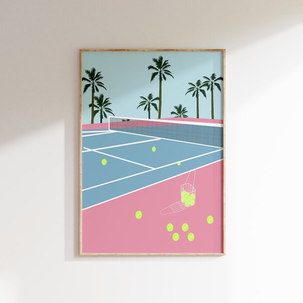 Tennis Court Poster, Digital Print, Club, Retro, Printable, Wall Art, Pink, Gallery Wall, Digital Download