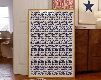 Blah Typography Poster | Retro 70s Wall Art Print | Preppy Psychedelic Blue Poster | Trippy Summer House Printable Art | Inspired Decor