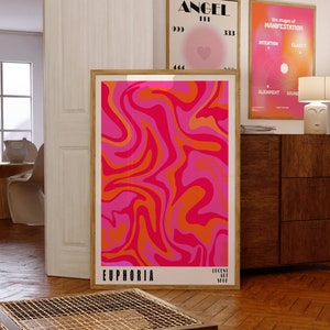 May include: A framed print with a pink and orange abstract swirl pattern. The print is titled "Euphoria" and has the text "Lucent Art Shop" in the bottom right corner.