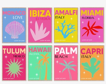 Exhibition Poster- Set Of 8 Prints-Gallery Wall Art-Ibiza Hawaii Capri Miami Palm Tulum Amalfi Monaco -Printable Wall Art, Digital Download