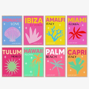 Exhibition Poster- Set Of 8 Prints-Gallery Wall Art-Ibiza Hawaii Capri Miami Palm Tulum Amalfi Monaco -Printable Wall Art, Digital Download